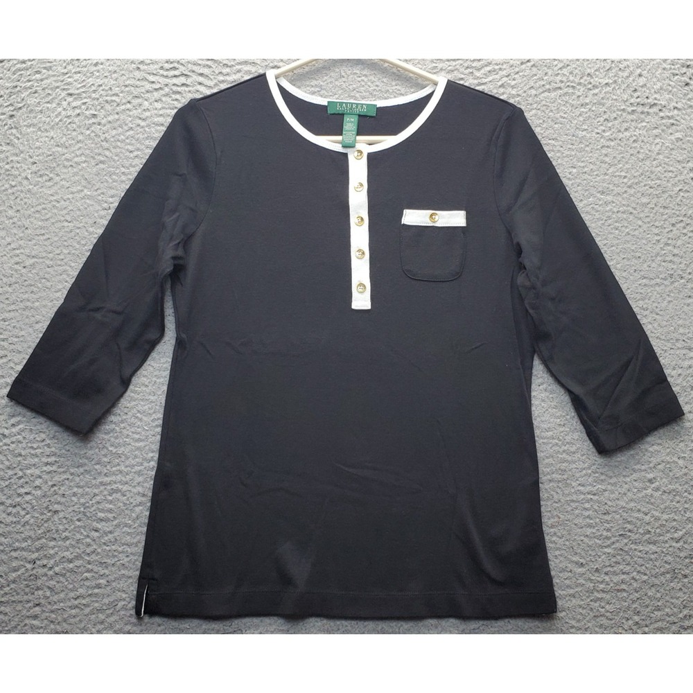 Lauren Ralph Lauren Henley Shirt Womens Petite PM Black Side Slit Button Placket